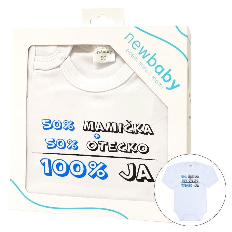 Body s potlačou New Baby 50% MAMIČKA + 50% OTECKO - 100% JA modré - darčekové balenie / 74 (6-9m)