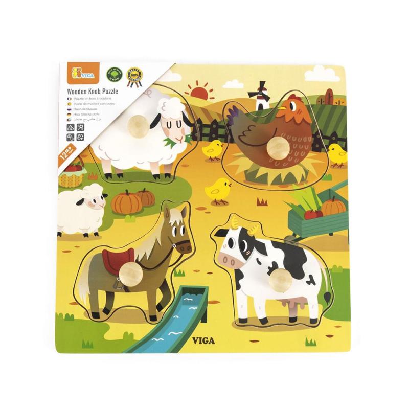 Detské drevené puzzle s úchytmi Viga Farma 4 ks