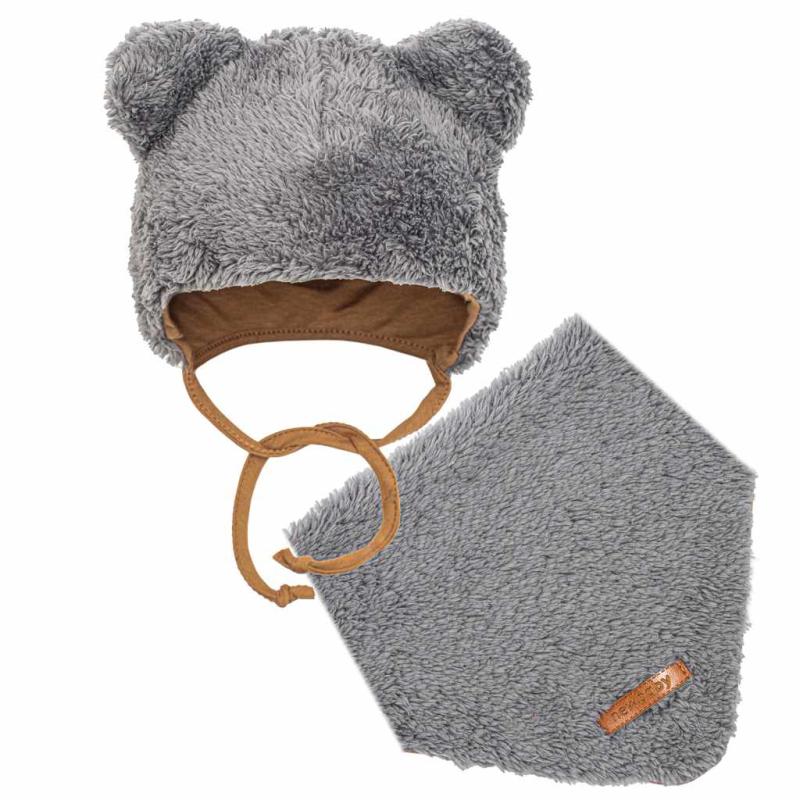 Zimná dojčenská čiapočka so šatkou na krk New Baby Teddy bear šedá