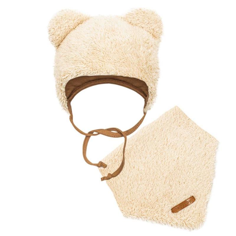 Zimná dojčenská čiapočka so šatkou na krk New Baby Teddy bear béžová / 80 (9-12m)